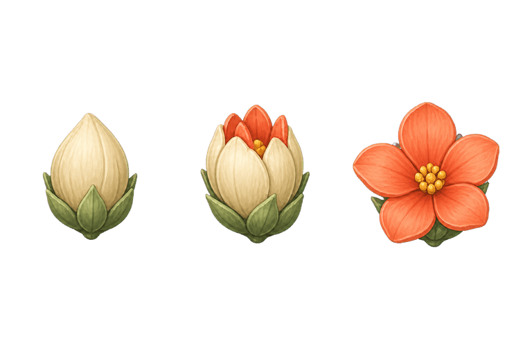 Three stages of a Rill & Bloom flower, from closed bud to coral bloom