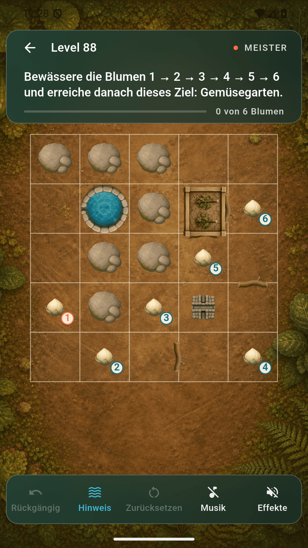 Rill-&-Bloom-Rätsel Level 88 auf Android mit sechs nummerierten Blumen und einem Gemüsebeet als Ziel.