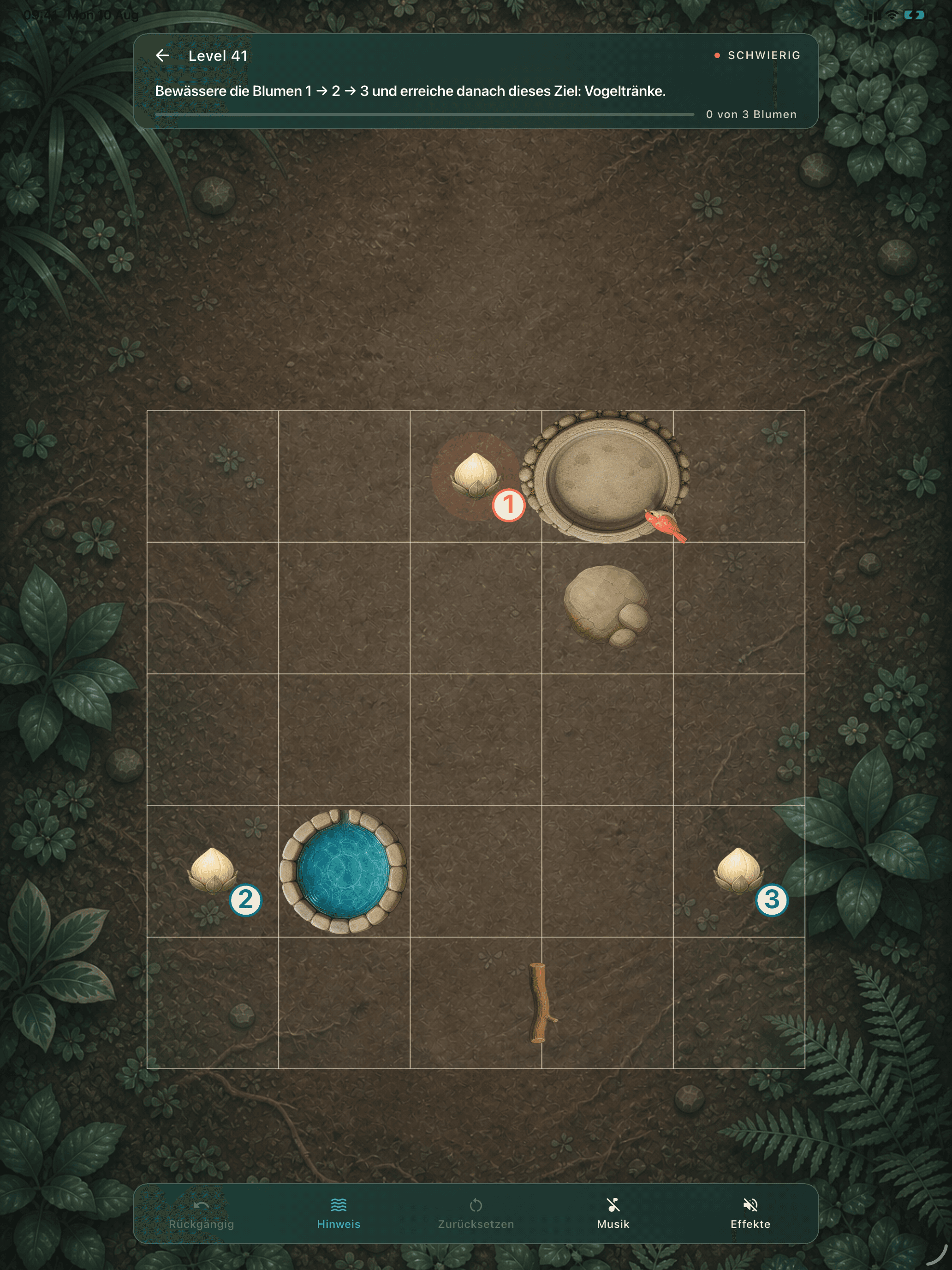 Rill-&-Bloom-Rätsel Level 41 auf dem iPad: Blumen 1, 2 und 3 bewässern und danach die Vogeltränke erreichen.
