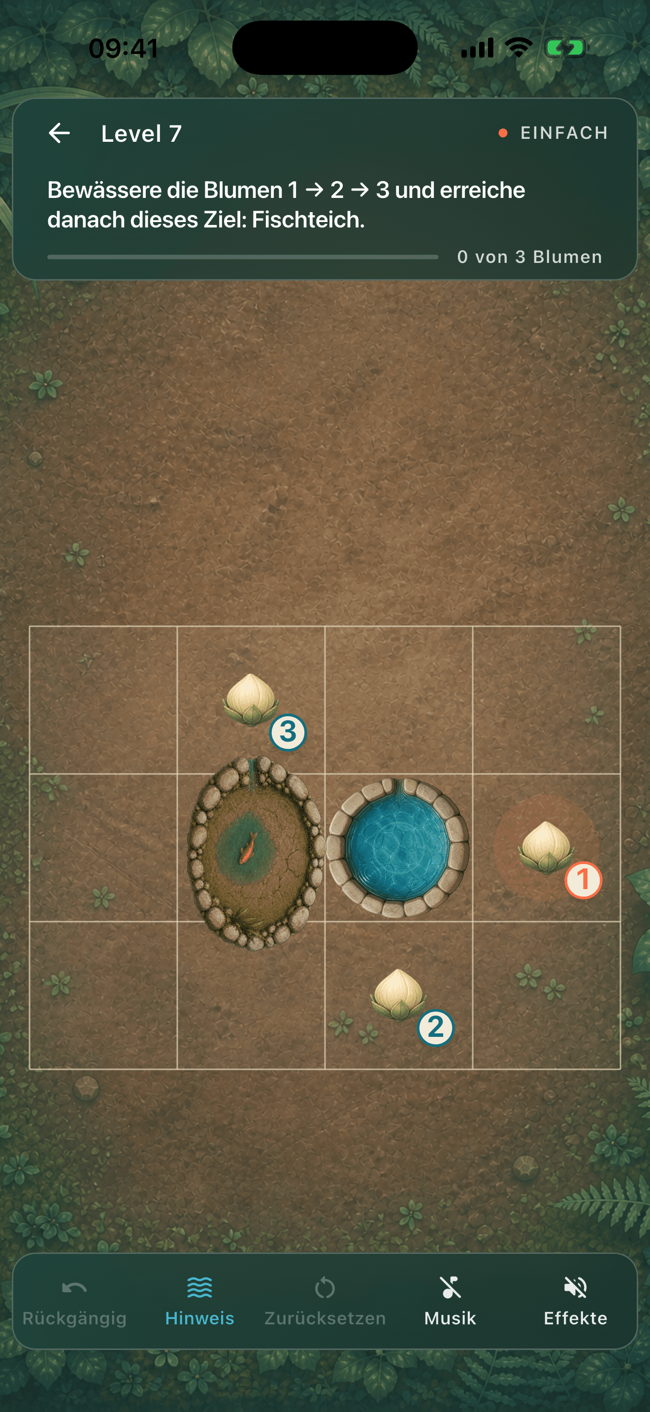 Rill-&-Bloom-Rätsel Level 7 auf dem iPhone: Blumen 1, 2 und 3 bewässern und danach den Fischteich erreichen.