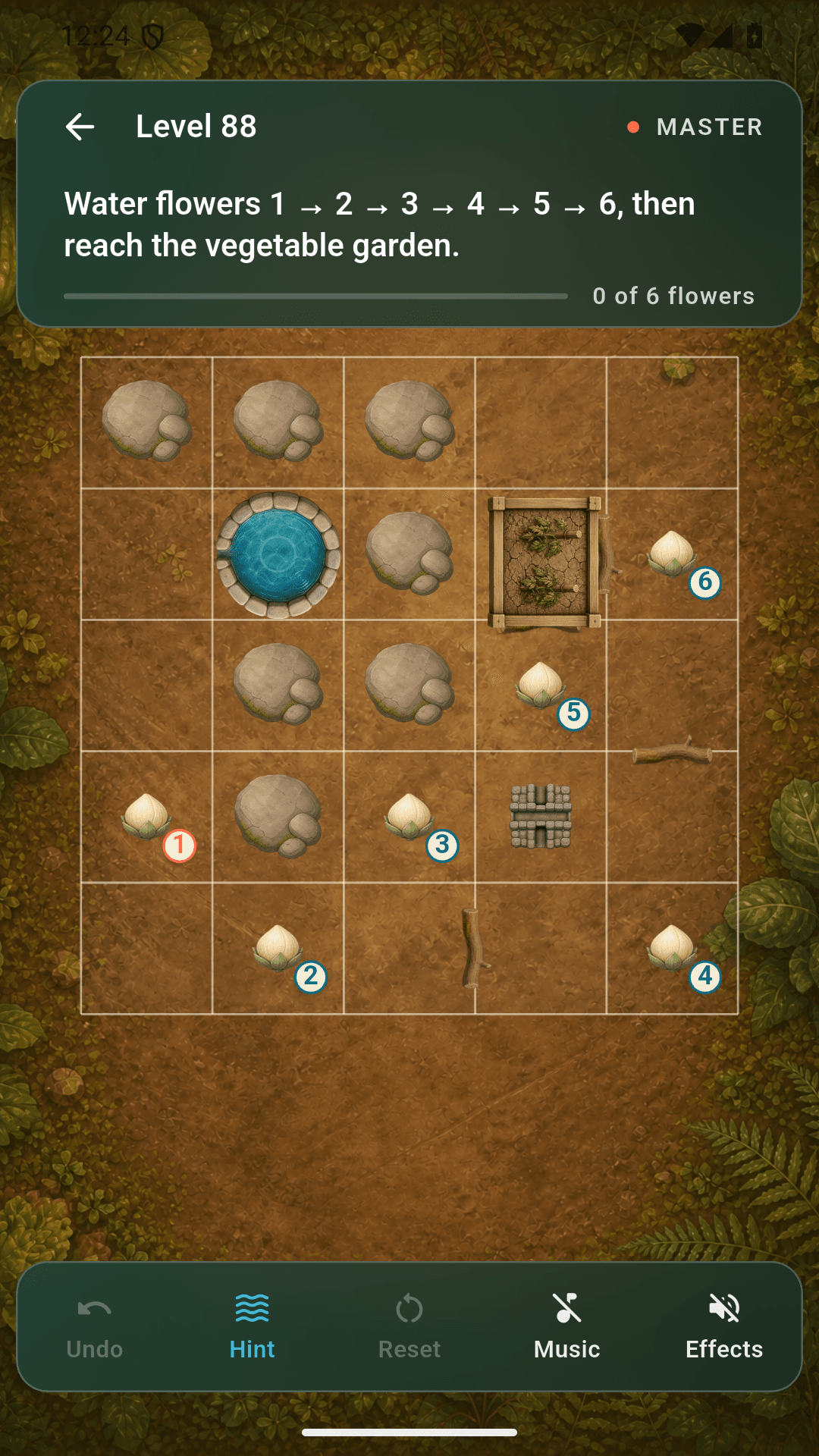 Rill & Bloom Level 88 puzzle on Android, with six numbered flowers and a vegetable garden goal.