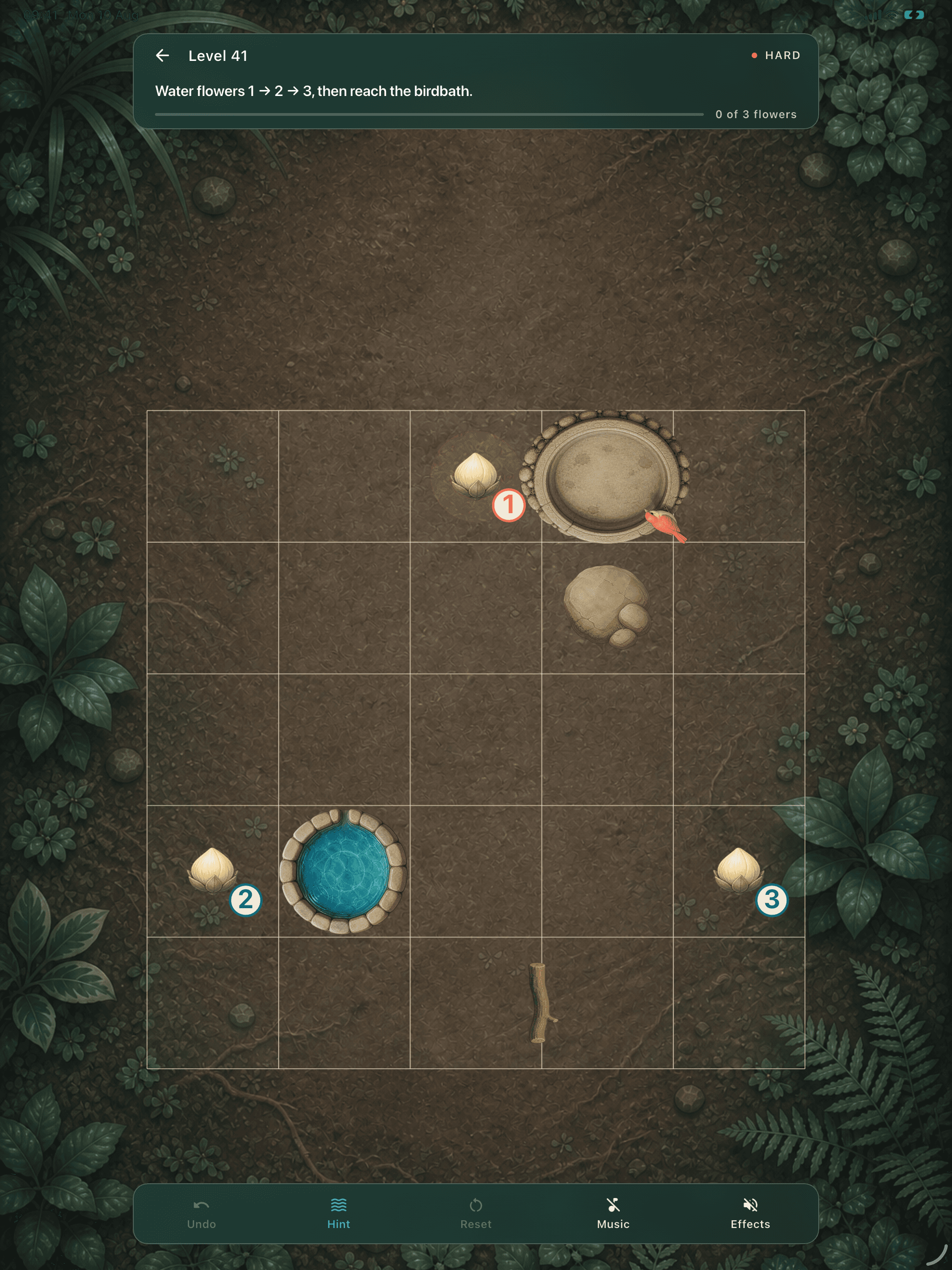 Rill & Bloom Level 41 puzzle on iPad, asking players to water flowers 1, 2 and 3 before reaching the birdbath.