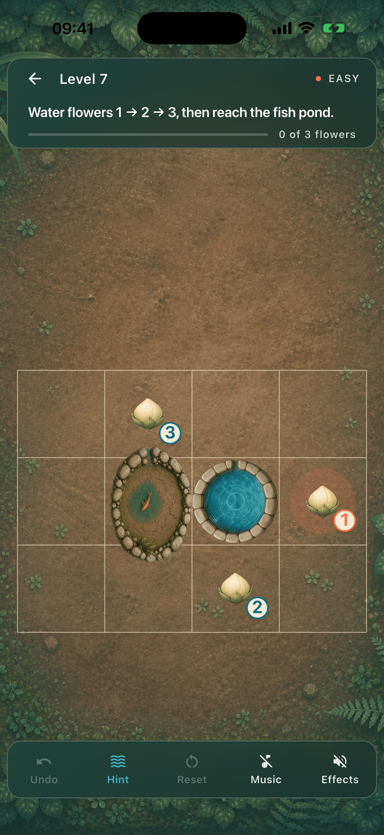 Rill & Bloom Level 7 puzzle on iPhone, asking players to water flowers 1, 2 and 3 before reaching the fish pond.